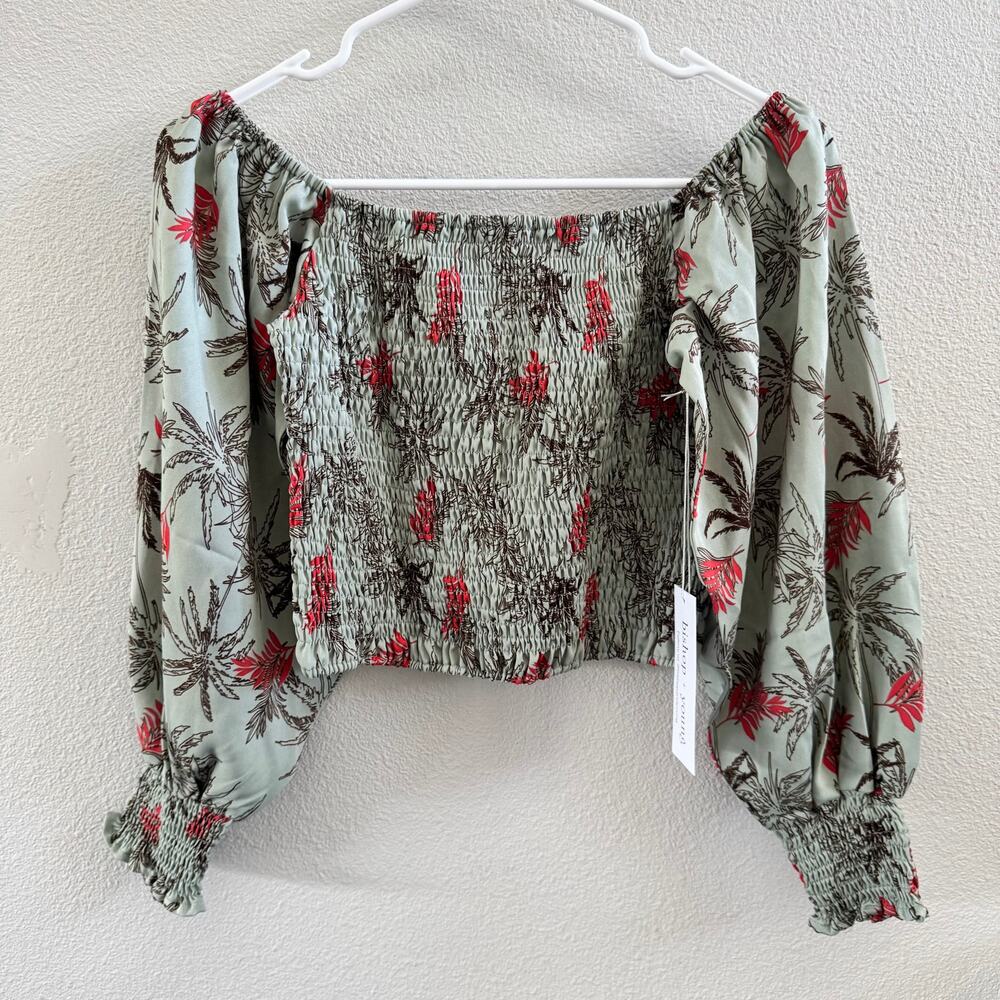 NEW Bishop + Young Anthro Elsa Smocked Sage Green Off The Shoulder Top Women Sm